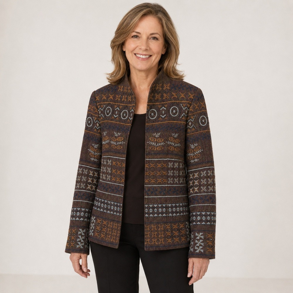 Coldwater Creek Women's 8 Brown Embroidered Beaded Open Front Jacket